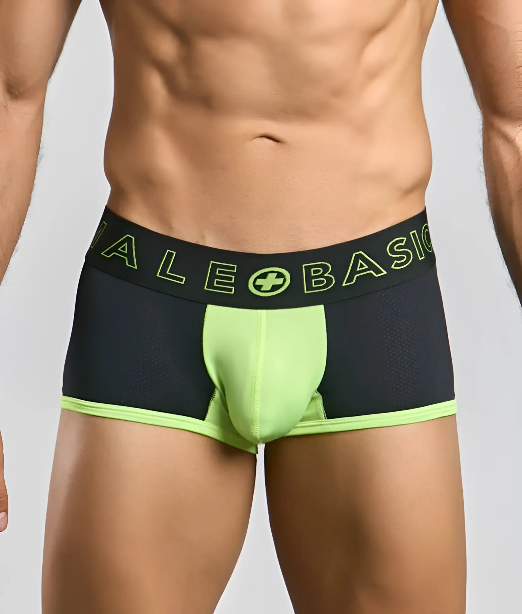 Male basics neon trunk black and neon green mesh athletic briefs with ale basic glowing lime green waistband branding