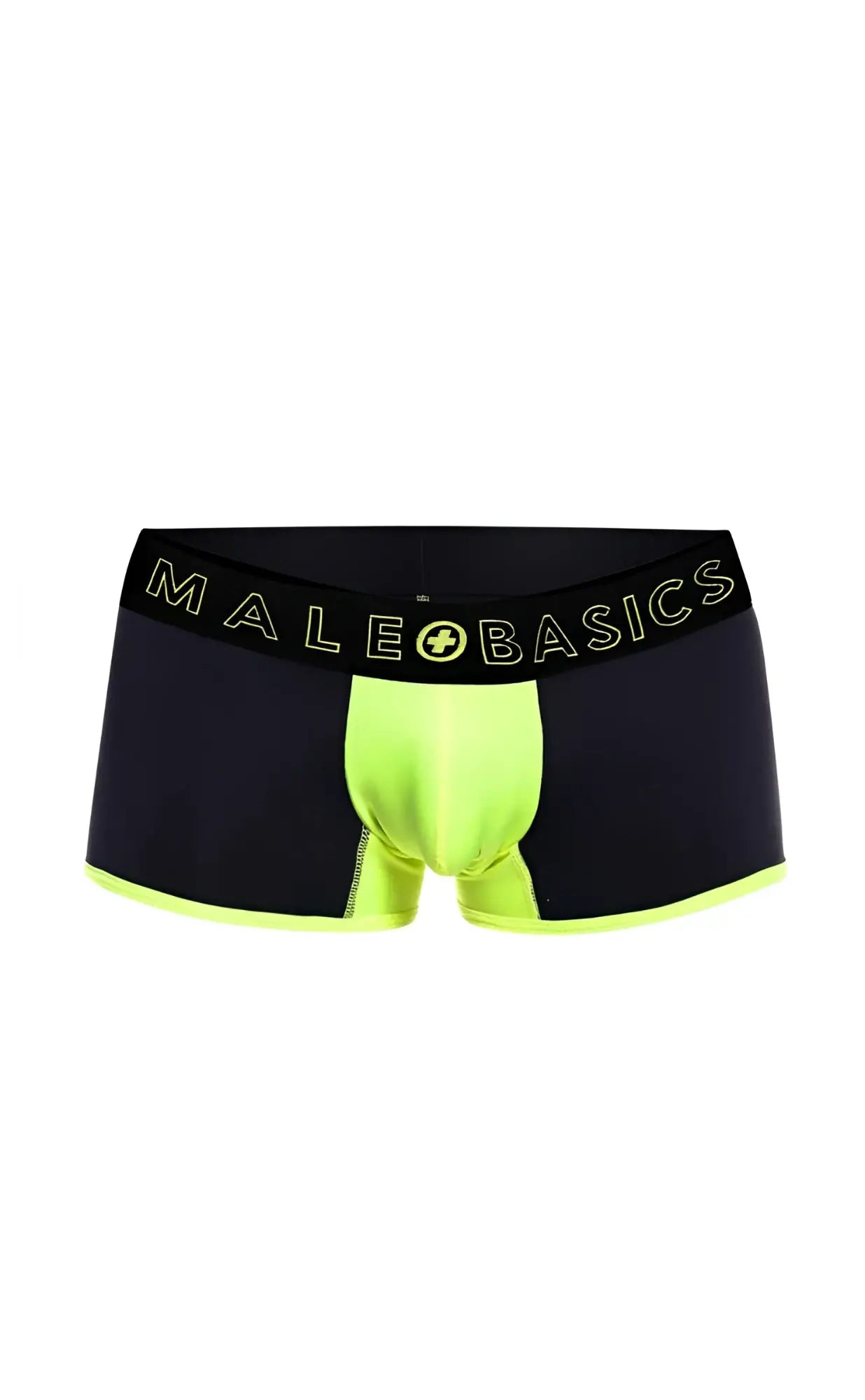 MaleBasics neon trunk black and neon green men’s boxer briefs with branded elastic waistband for everyday comfort