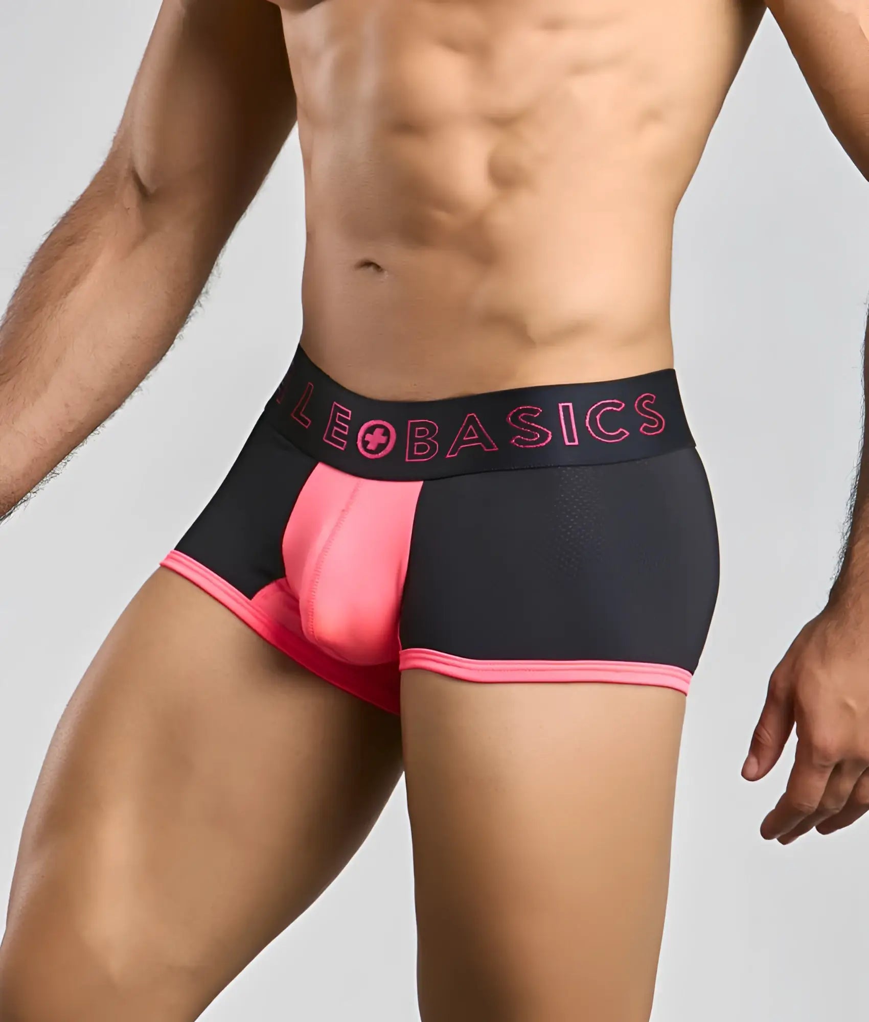 Male basics neon trunk black and pink athletic briefs with bold leo basics logo on bright pink waistband