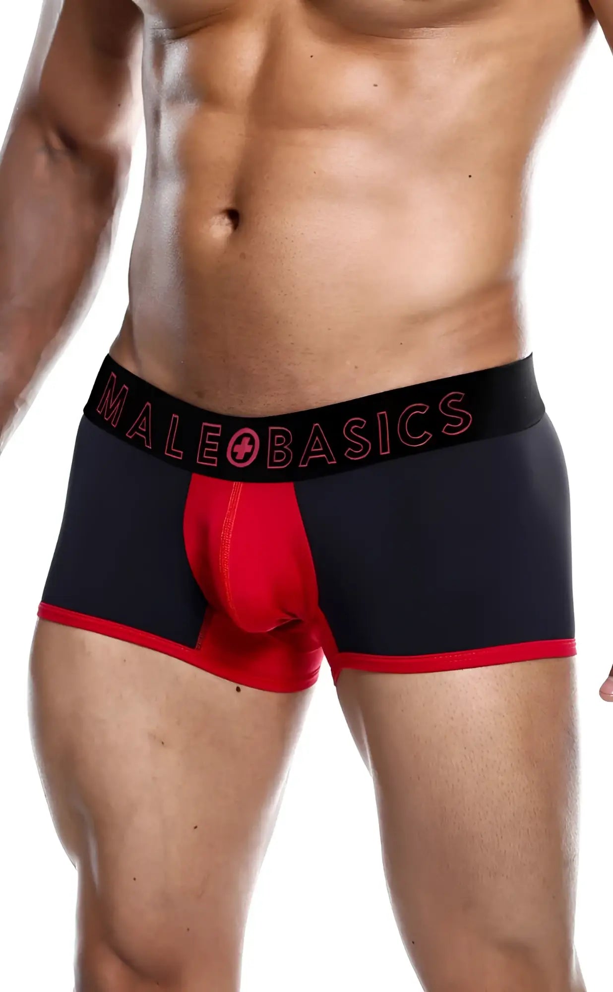 Black and red malebasics neon trunk boxer briefs with bold logo waistband designed for comfort and everyday wear