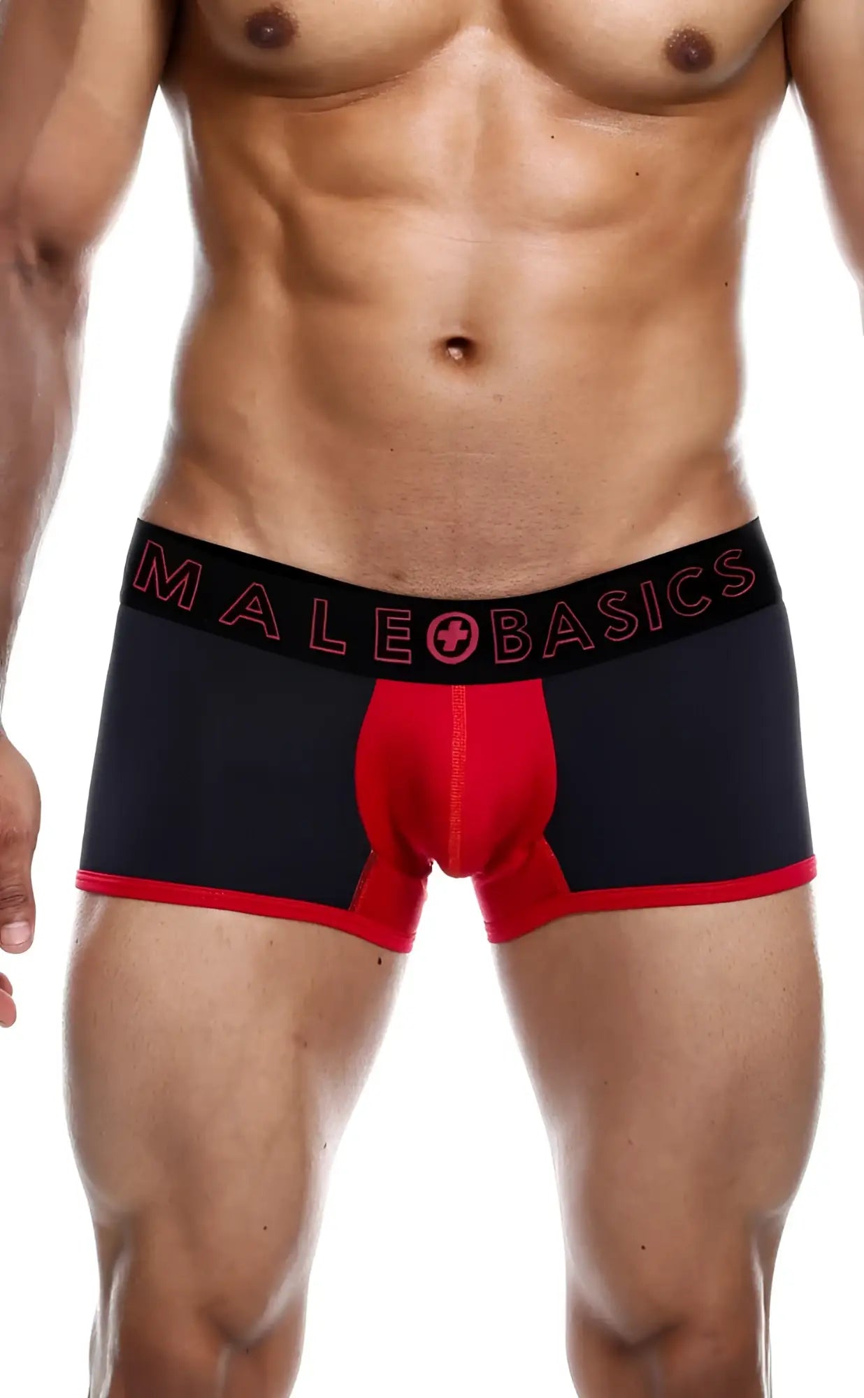 Black and red men’s boxer briefs with bold male basics logo on waistband from malebasics neon trunk collection