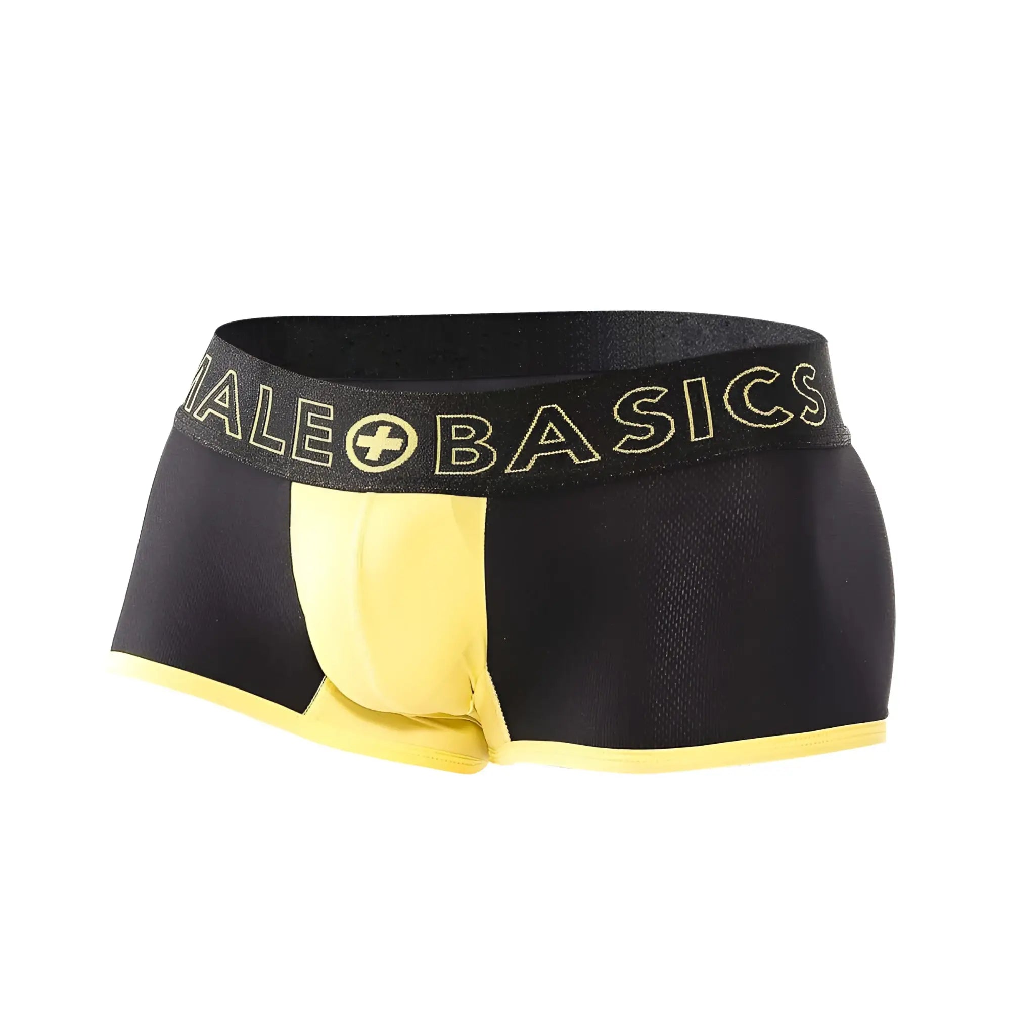 Black and yellow malebasics neon trunk briefs with textured fabric waistband and gold malebases logo