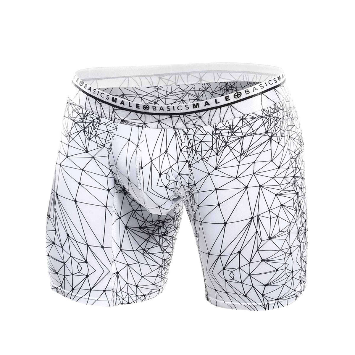 White boxer briefs with black geometric line pattern and malebasics branded elastic waistband hipster style