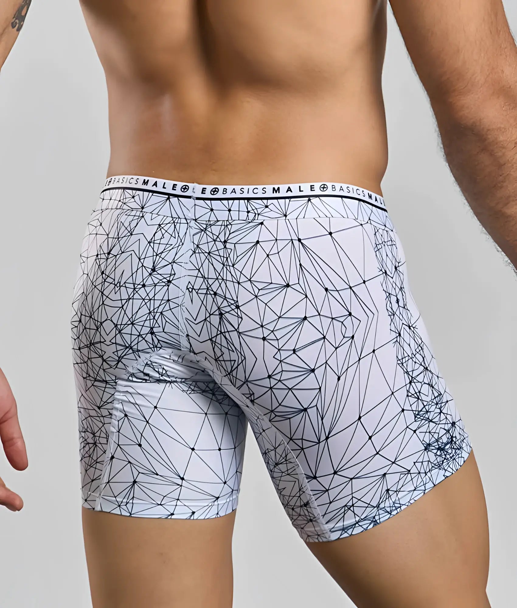 White boxer briefs with black geometric line pattern and basics male branding on waistband malebasics hipster boxer brief spider