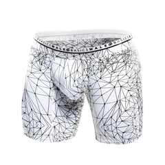 White boxer briefs with black geometric line pattern and malebasics branded elastic waistband hipster style