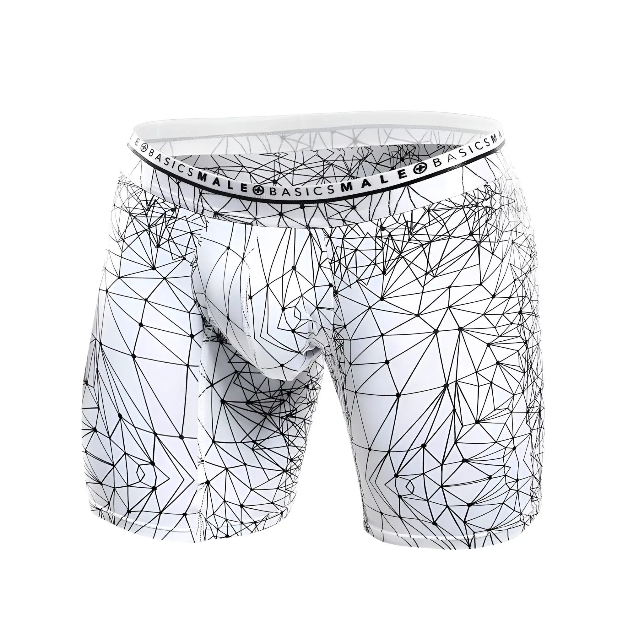 White boxer briefs with black geometric lines and branded elastic waistband from malebasics new hipster boxer brief spider
