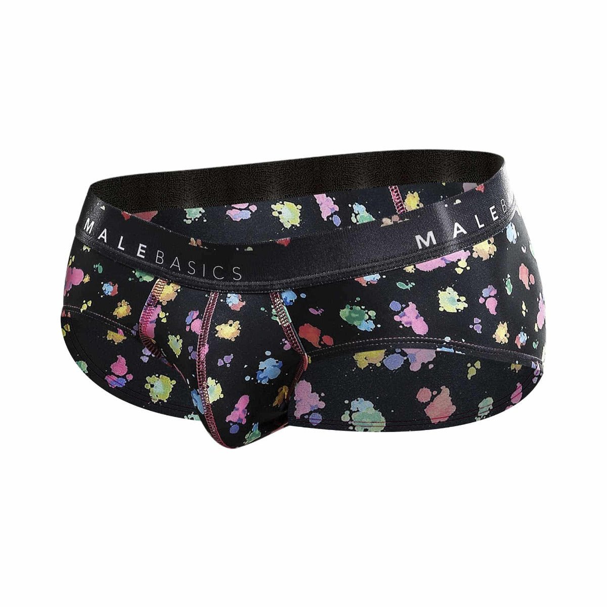 Malebasics new hipster brief black splash featuring vibrant multicolored paint splatter on black fabric basics briefs