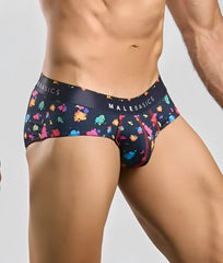 Malebasics new hipster brief black splash men’s briefs with vibrant multicolored paint splatter pattern and logo waistband