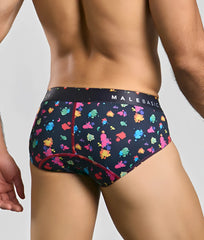 Black Malebasics New Hipster brief with vibrant multicolored paint splatter pattern and red stitching along the seams