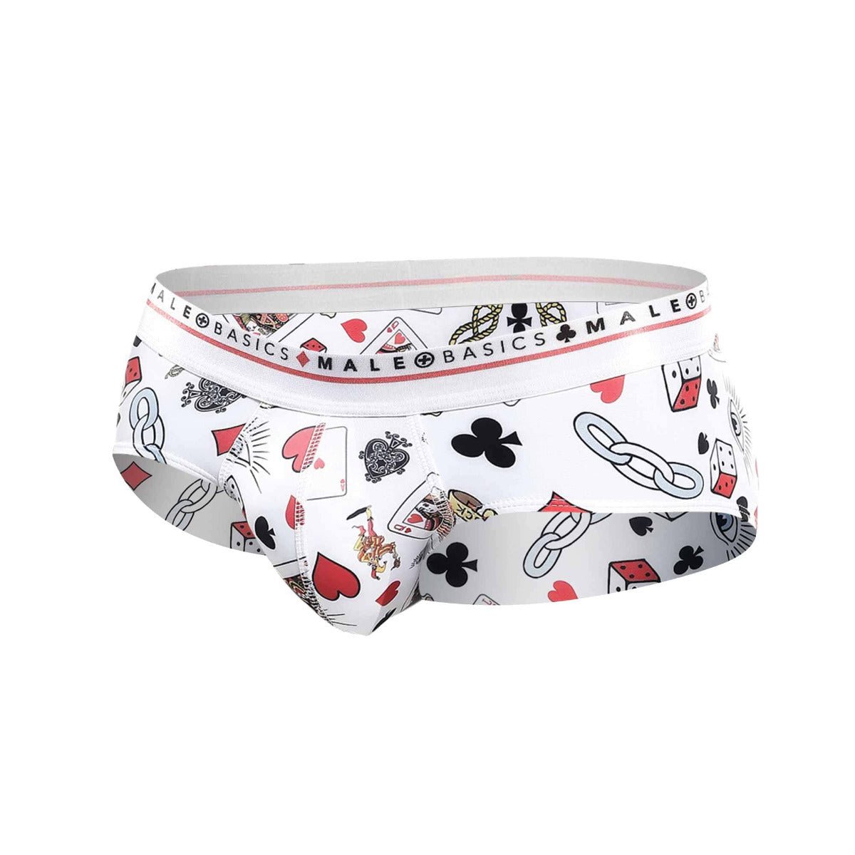 White malebasics new hipster brief poker with black red and gray playing card symbols and dice pattern