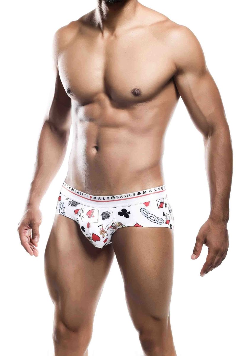 White malebasics new hipster brief poker with red and black playing card symbols including ace of spades