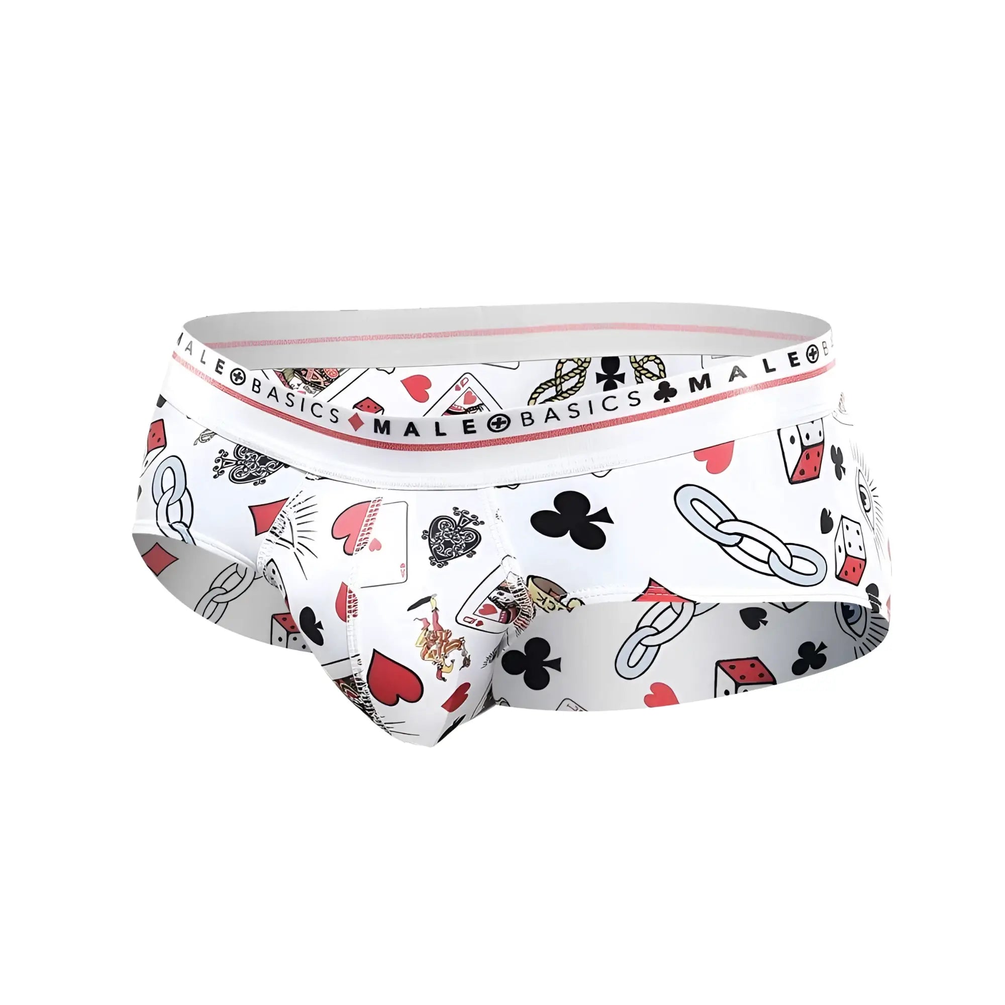 White malebasics new hipster brief poker with black red and gray playing card symbols and dice pattern