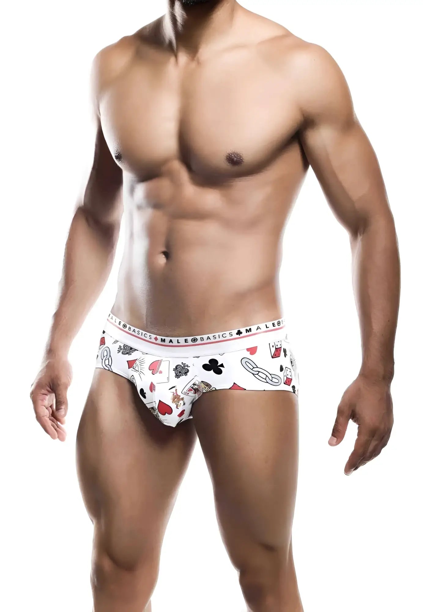 White malebasics new hipster brief poker with red and black playing card symbols including ace of spades