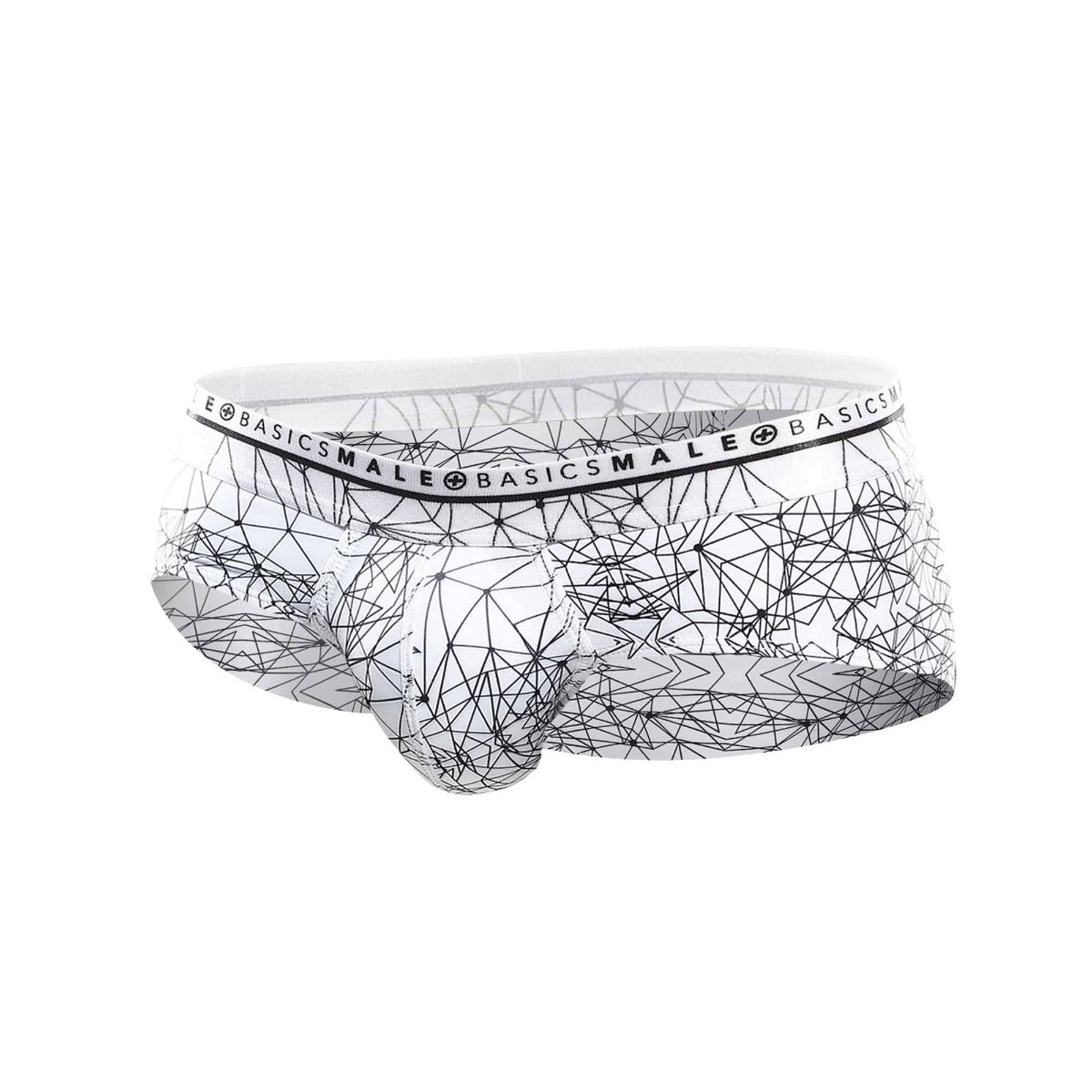 White men’s hipster briefs with black geometric lines and branded elastic waistband from malebasics new hipster brief spider