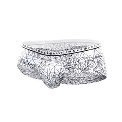 White men’s briefs with black geometric line pattern and branded elastic waistband malebasics new hipster brief spider