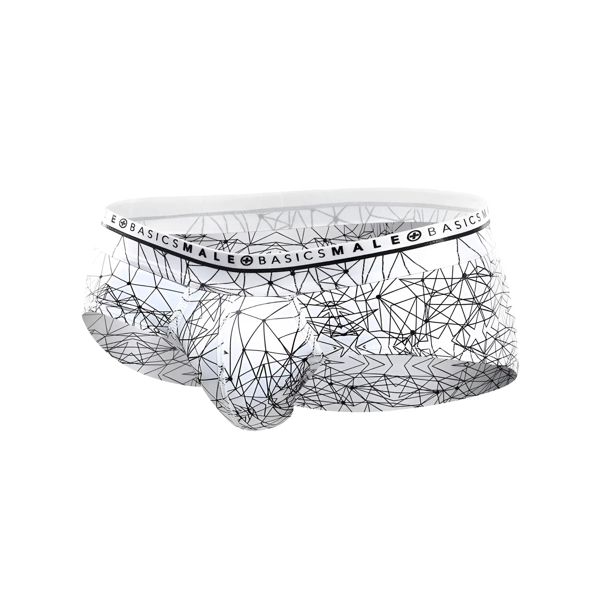 White men’s hipster briefs with black geometric line pattern and branded elastic waistband malebasics new spider