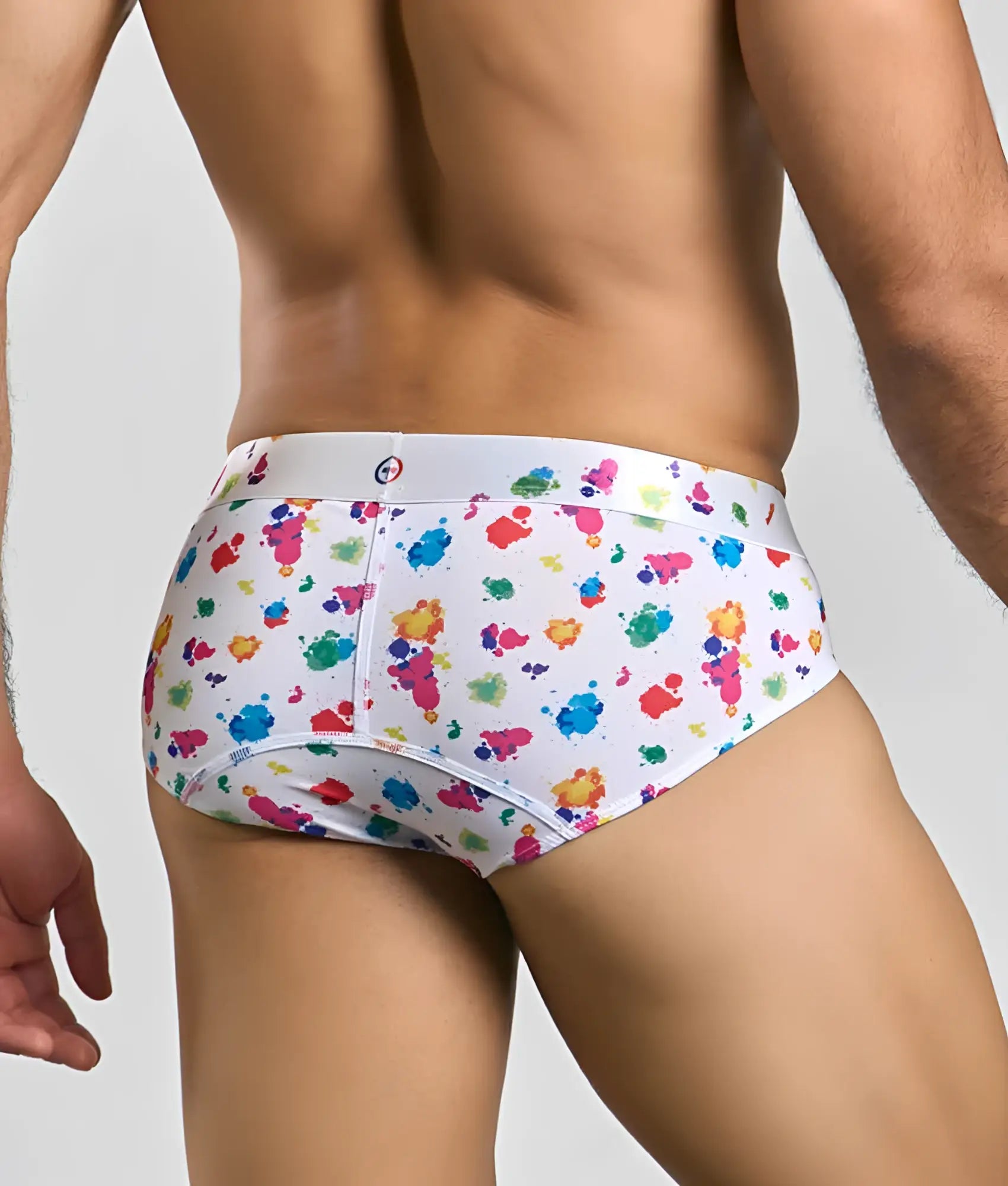 Malebasics new hipster brief white splash featuring white briefs with vibrant multicolored paint splatter pattern