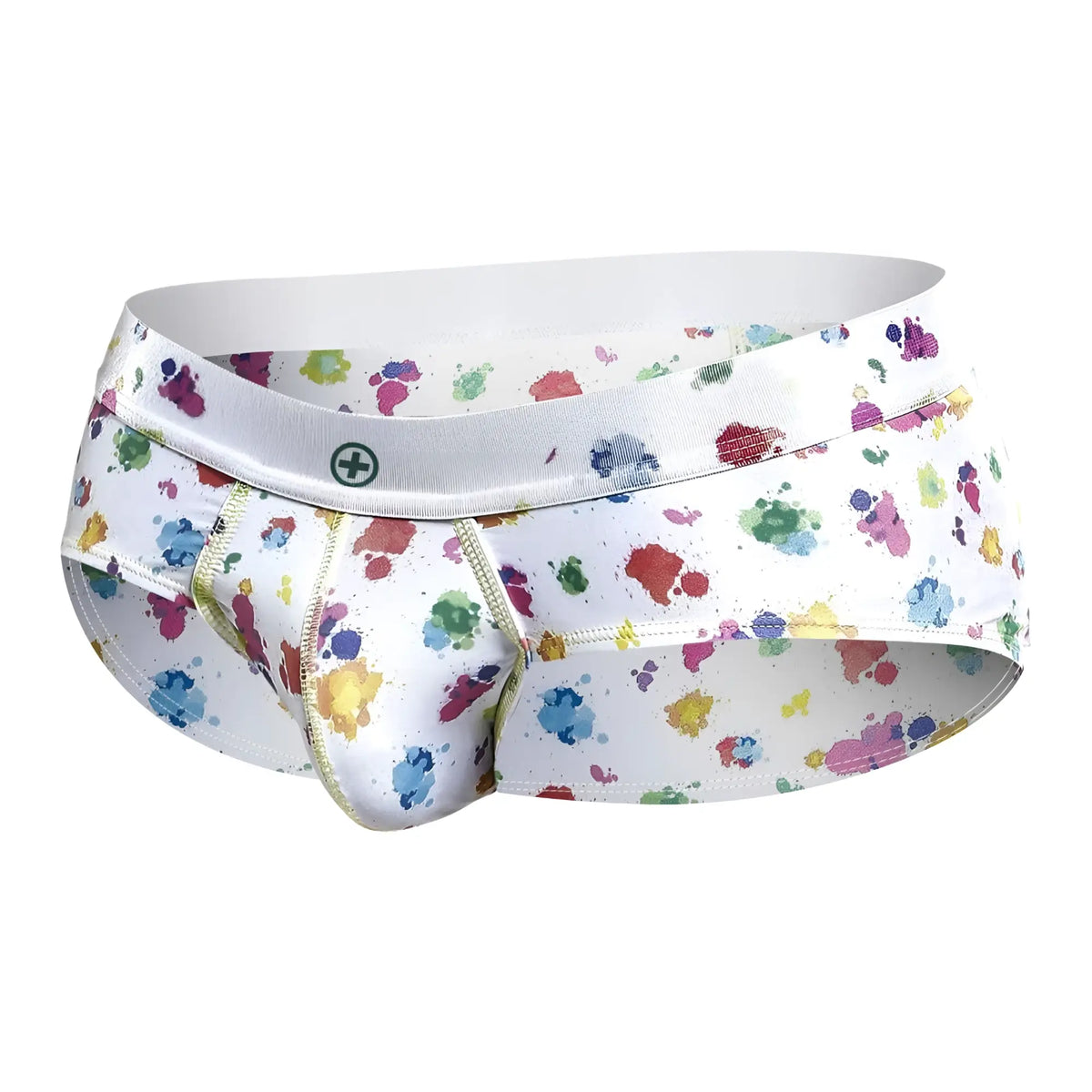 White briefs by malebasics with multicolored paint splatter pattern gold stitching and subtle logo on waistband