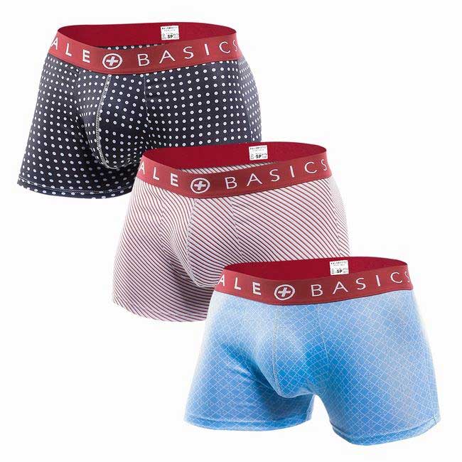 Set of male basics new trunk boxer shorts in navy polka dot pink and white stripes and light blue geometric patterns