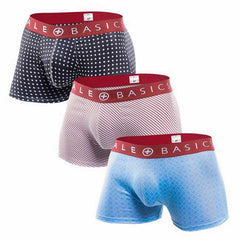Set of three male basics trunk boxer shorts with navy polka dot pink and white stripes and blue geometric patterns