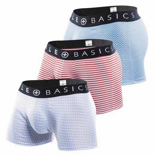 Set of three male basics new trunk boxer shorts in light blue chevron pink white stripes and pale blue gingham patterns