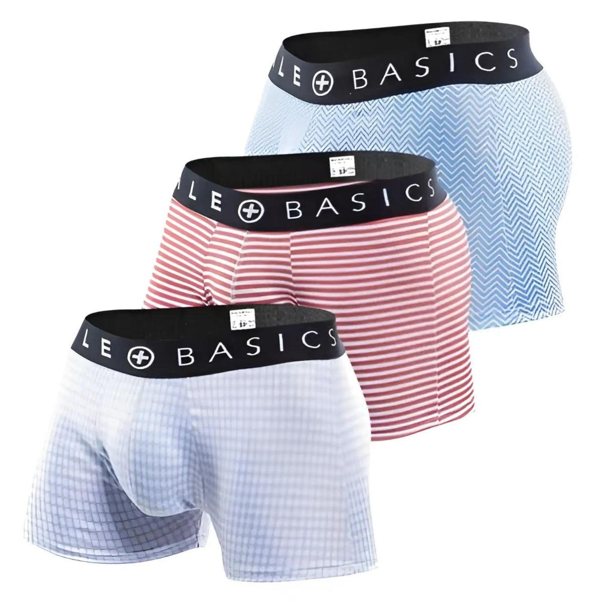 Set of three male basics new trunk boxer shorts in light blue chevron pink white stripes and pale blue gingham patterns