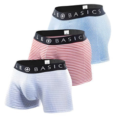 Set of three male basics new trunk boxer shorts in light blue chevron pink white stripes and pale blue gingham patterns