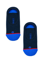 MaleBasics no-show socks black with blue toe and heel accents red sole stripe and white stumble branding