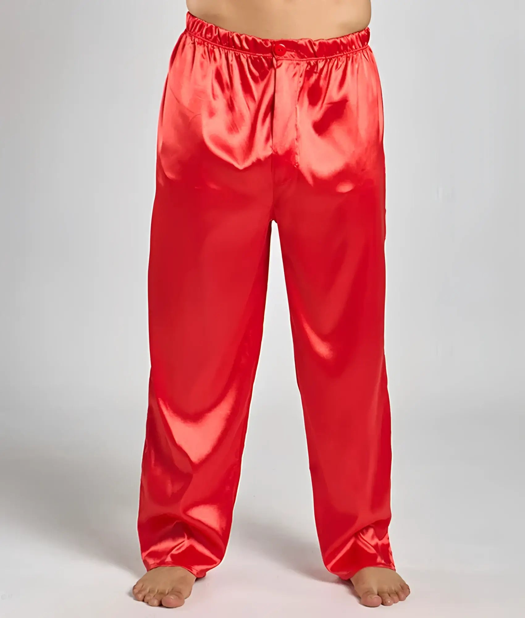 Malebasics pants satin bright red satin pajama pants with glossy finish and elastic waistband