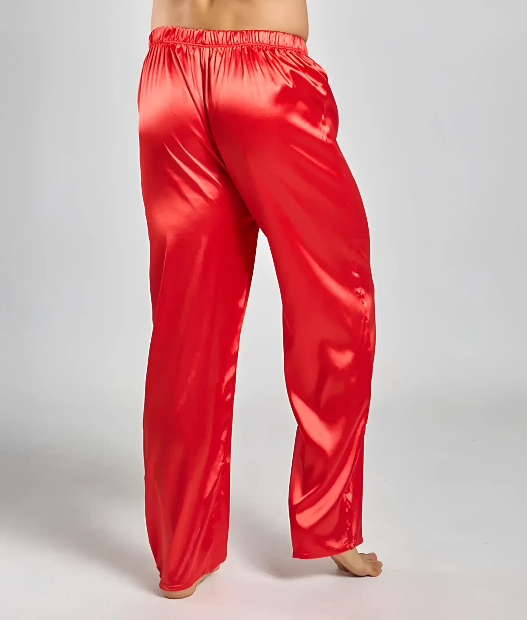 Red satin pajama pants by malebasics with elastic waistband for comfortable loungewear or sleepwear