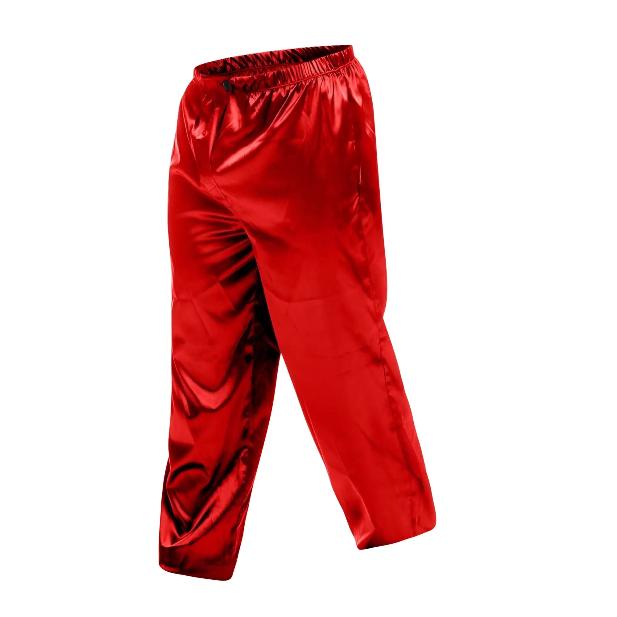 Malebasics pants satin shiny red satin pants with elastic waistband displayed from the front