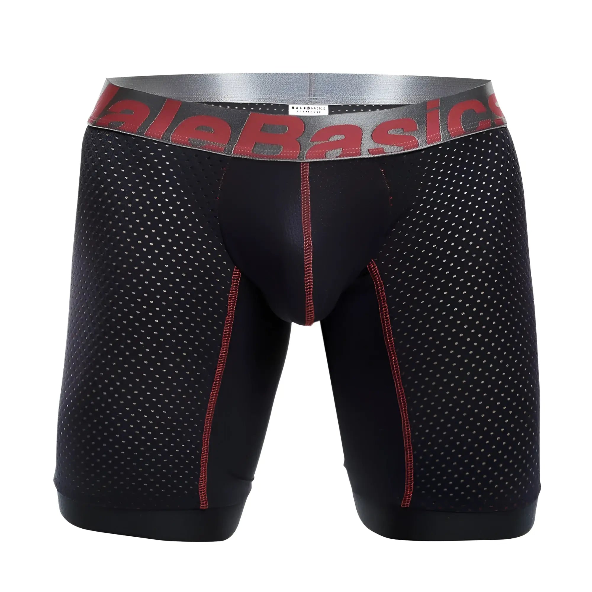 Malebasics performance titanium fit athletic boxers in black mesh with red stitching and gray waistband logo visible