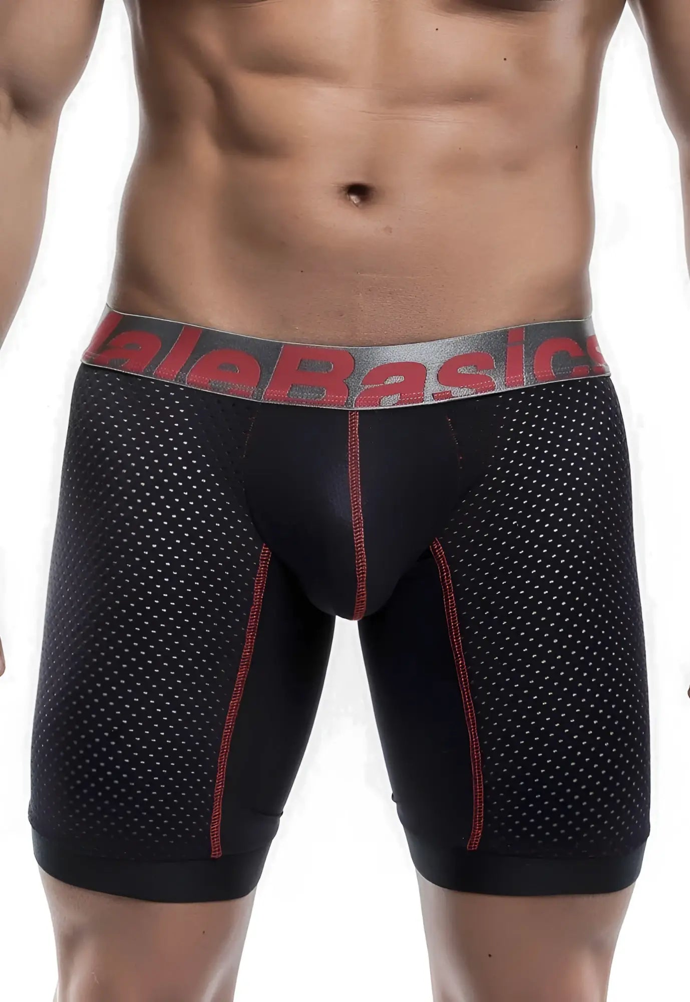 Black malebasics performance titanium fit athletic boxer briefs with perforated mesh and red stitching waistband logo