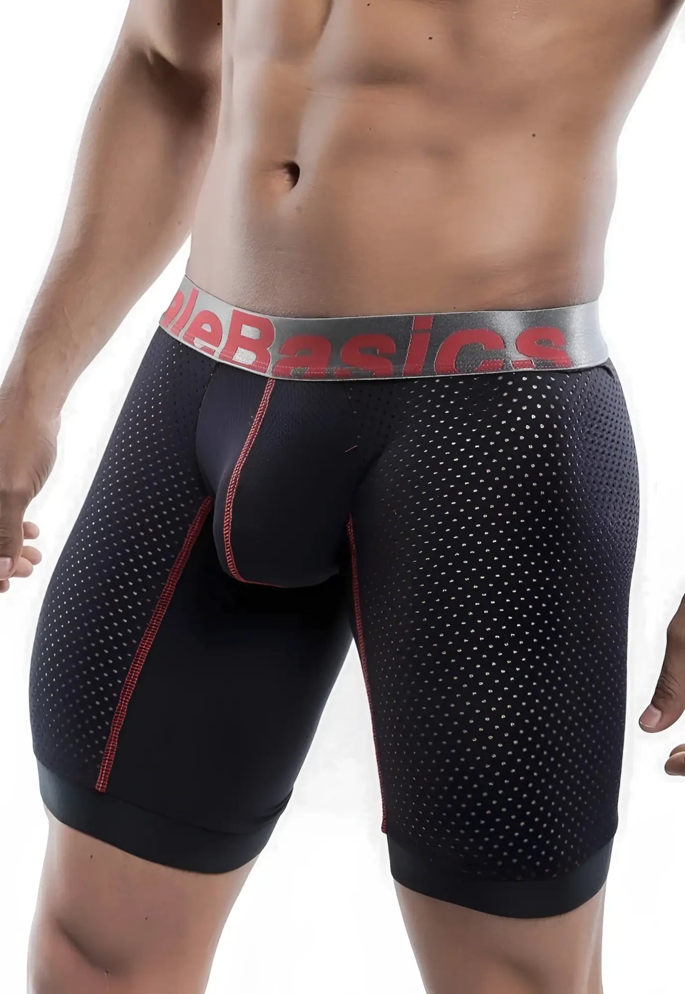 Malebasics performance titanium fit black perforated mesh athletic boxer briefs with red stitching and gray waistband