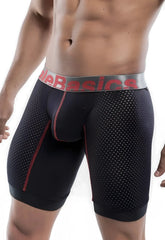 Malebasics performance titanium fit black perforated mesh athletic boxer briefs with red stitching and gray waistband