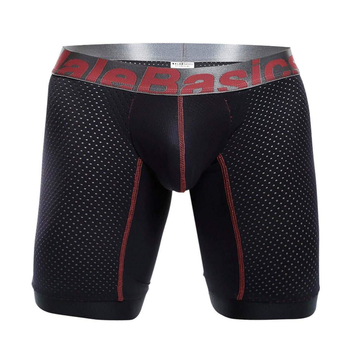 Malebasics performance titanium plus fit athletic boxer briefs in black mesh with red stitching and gray logo waistband