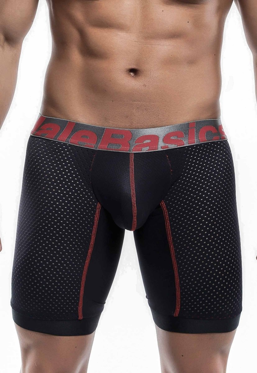 Black malebasics performance titanium fit athletic boxer briefs with perforated mesh and red stitching waistband logo