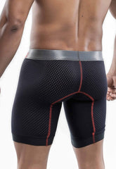 Malebasics performance titanium fit black perforated athletic boxer with silver waistband and red stitching front view