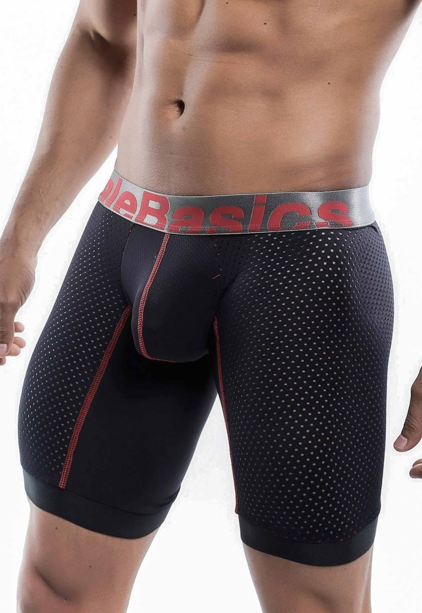 Malebasics performance titanium fit black perforated mesh athletic boxer briefs with red stitching and gray waistband
