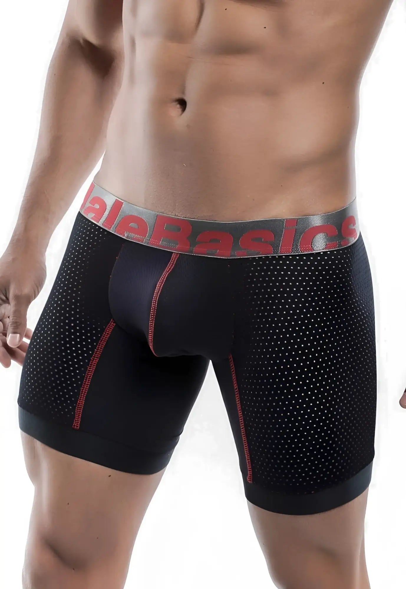 Malebasics performance titanium fit black boxer briefs with perforated texture red stitching and gray elastic band