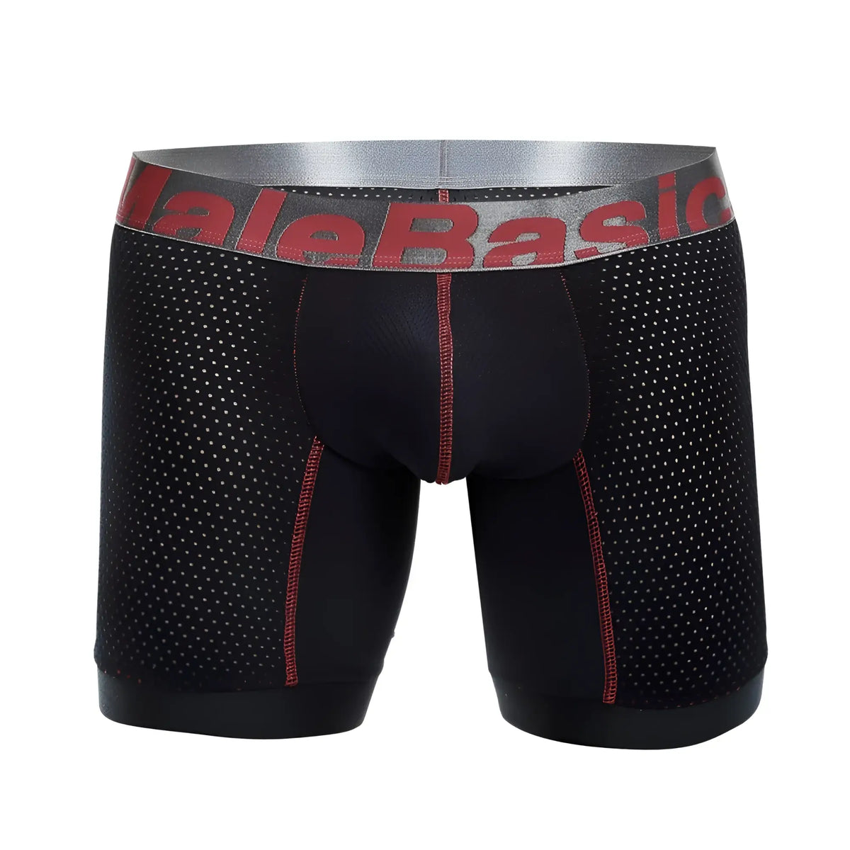 Black mesh boxer briefs with red stitching and silver malebasic waistband in malebasics performance titanium fit series