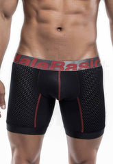 Black athletic boxer briefs with perforated mesh design red stitching and malebasic waistband in gray background