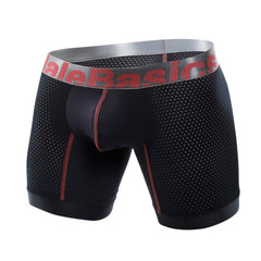 Malebasics performance titanium plusfit black mesh boxer briefs with red stitching and gray waistband logo