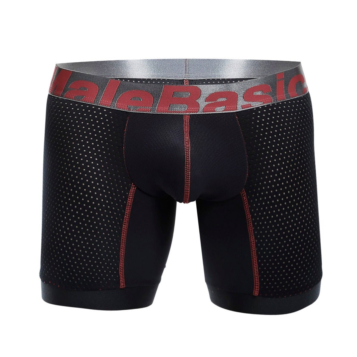 Black mesh boxer briefs with red stitching and silver malebasic waistband in malebasics performance titanium fit series