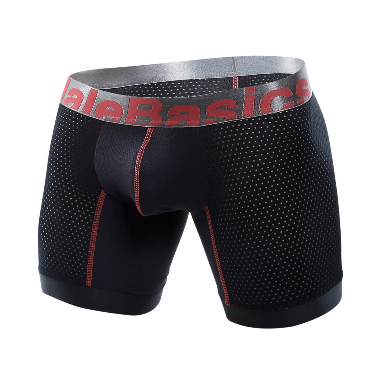 Malebasics performance titanium fit black mesh boxer briefs with red stitching and gray waistband logo
