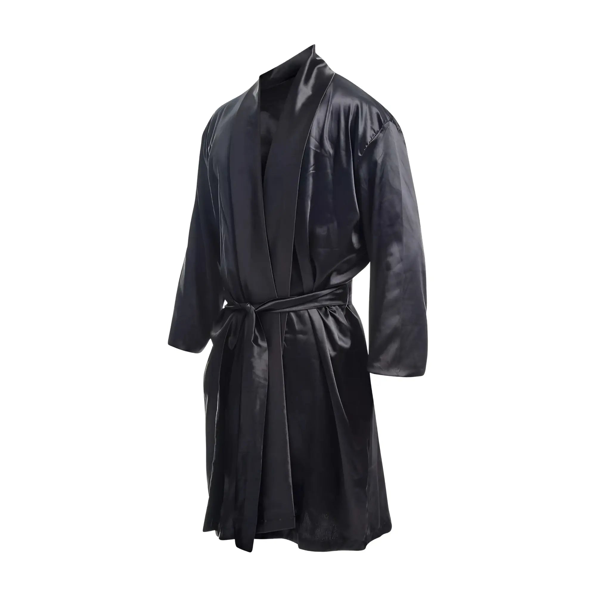 Black satin robe with matching belt by malebasics smooth fabric for comfortable lounge wear