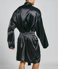 Black satin robe with belted waist and long sleeves by Malebasics shown from the back side