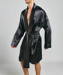 Black satin robe with sleek glossy finish and matching belt by Malebasics designed for comfortable wear