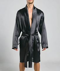Black satin Malebasics robe with sleek glossy finish and matching belt for comfortable loungewear use