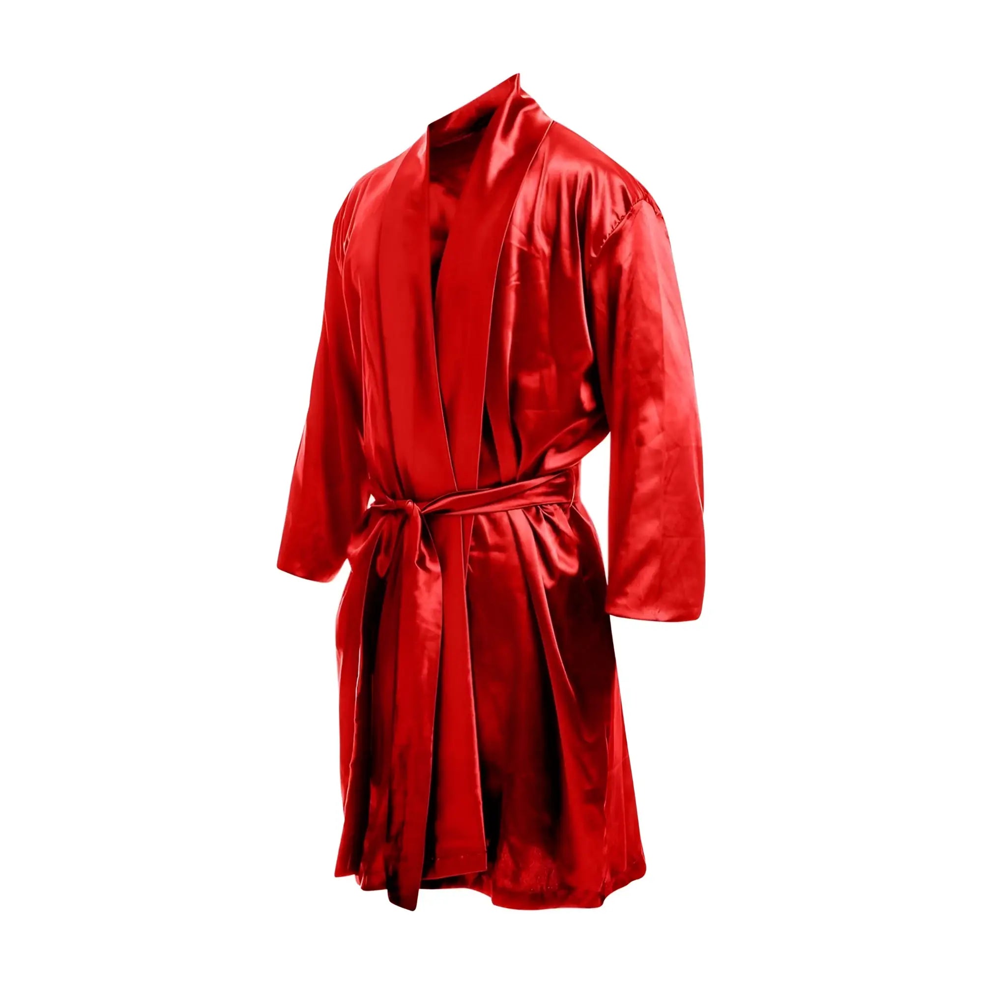 A vibrant red satin robe with long sleeves and a matching belt featuring a classic wrap design by Malebasics